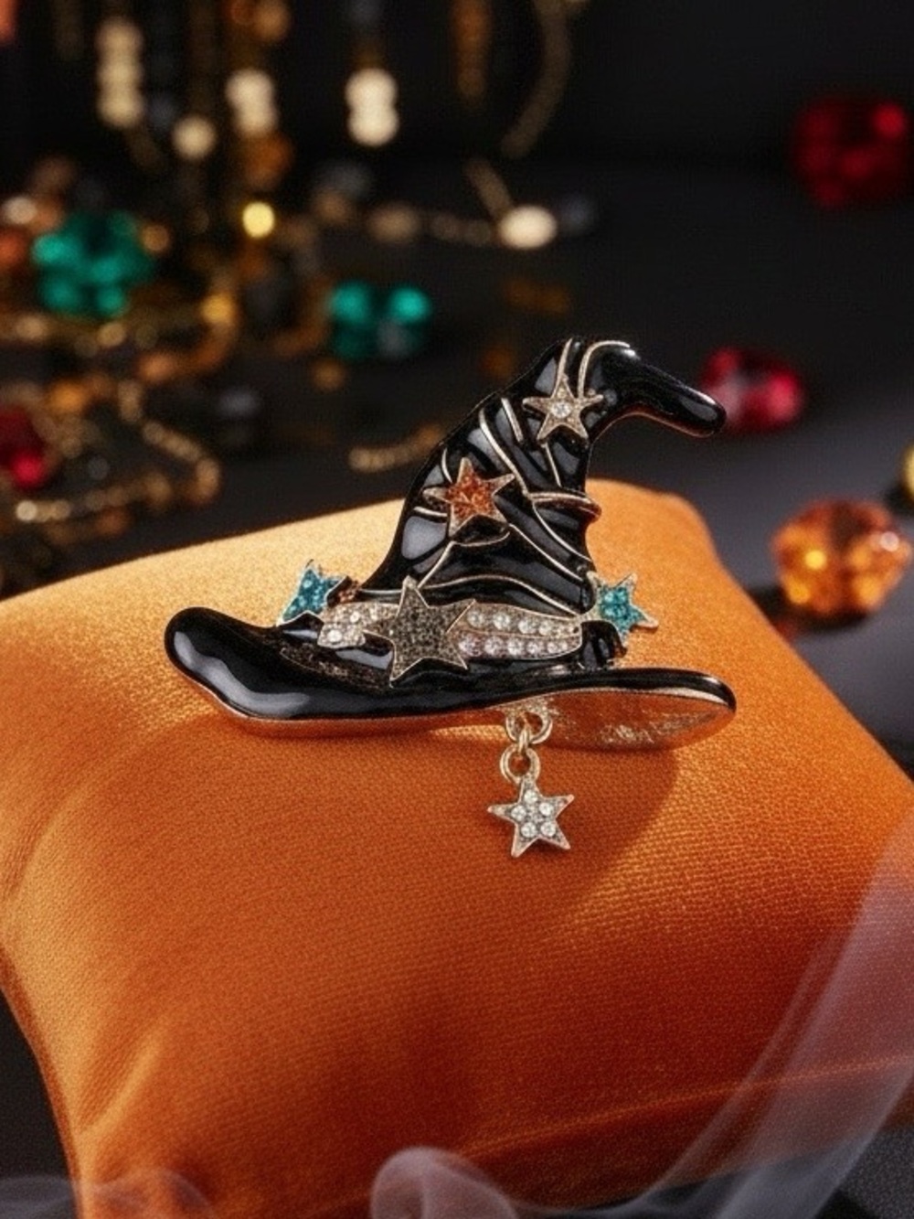 Pastel Goth Black Bling Witch Hat Brooch Pin Whimsigoth Halloween Spooky Season
